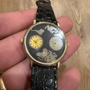 Vintage 1980's? mens Pearl Globe Map 2 dial dual watch untested Leather Band
